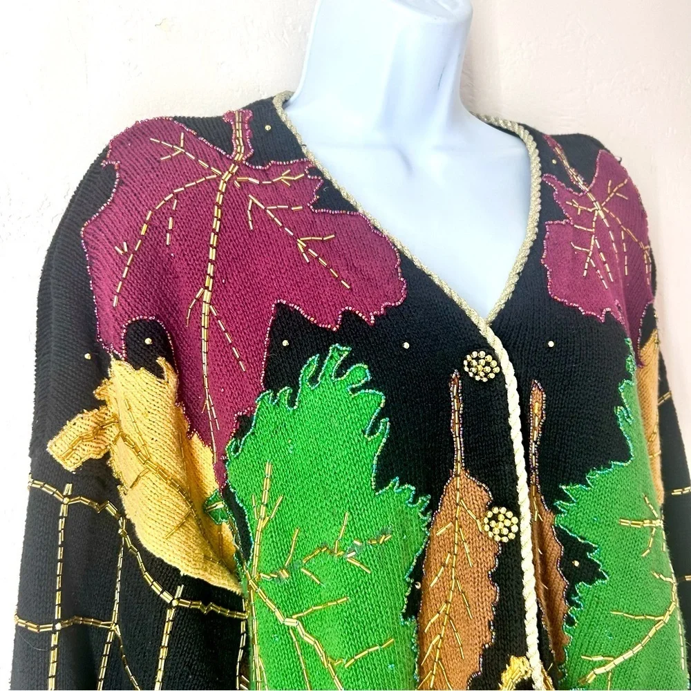 Bellepointe Vtg 90s Handmade Colorful Fall Leaf Cardigan Sweater Sz L Beaded